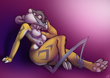 3_toes 4_eyes anthro areola biped breasts butt claw_fingers claw_toes countershade_face countershade_neck countershade_torso countershading feet female female_anthro gradient_background grey_markings hair hand_to_face leg_markings legs_together low-angle_view markings mask multi_breast multi_eye multi_nipple nipples nude nude_anthro nude_female pawpads purple_areola purple_nipples red_eyes simple_background sitting sitting_on_ground solo tail thigh_markings toes tusks white_body white_countershading white_hair white_pawpads yellow_body halcy0n nintendo pokemon takara_(takarakitsune) generation_2_pokemon legendary_pokemon pokemon_(species) raikou 2019 colored colored_sketch hi_res portrait signature sketch three-quarter_portrait
