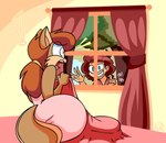 anthro big_butt brown_body brown_fur brown_hair butt curtains duo exclamation_point female fluffy fluffy_tail fur hair plant red_hair tail tree window animatedjames sherry_(animatedjames) tami_(animatedjames) human mammal rodent sciurid tree_squirrel archived_source