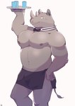 anthro blush bow_tie bulge grey_body holding_object horn humanoid_hands kemono male musclegut muscular nipples serving serving_beverage simple_background solo waiter white_background sawch_cls mammal rhinoceros 2022 hi_res