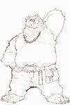 anthro barefoot clothing facial_scar feet jewelry male missing_eye musclegut muscular necklace scar shirt solo tank_top topwear torn_clothing heylaw21 mihoyo zenless_zone_zero ben_bigger bear mammal hi_res sketch