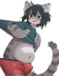 anthro belly black_hair blue_eyes blush bulge clothing fur grey_body grey_fur hair male navel slightly_chubby slightly_chubby_anthro slightly_chubby_male solo striped_body striped_fur stripes tail underwear si_ra_ta_ma3 domestic_cat felid feline felis mammal 2023 hi_res