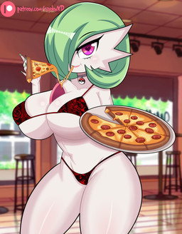 big_breasts bikini breasts clothing female female_humanoid food green_hair hair hair_over_eye heart_pupils looking_at_viewer not_furry pizza pizza_slice solo swimwear text two-piece_swimsuit white_body raydonxd nintendo pokemon gardevoir generation_3_pokemon humanoid pokemon_(species) 2023 hi_res url