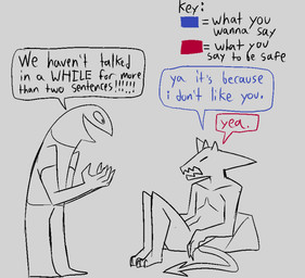 2_horns anthro big_ears clothed clothing color_coded_text dialogue duo grey_background happy horn looking_at_another male nude open_mouth open_smile sharp_teeth shirt simple_background sitting smile spade_tail speech_bubble standing tail teeth text topwear yelling funcomicslol demon human mammal 2025 english_text hi_res monochrome