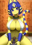 4_fingers anthro bangs bed big_breasts blue_eyes blue_hair blunt_bangs blurred_background blush bracelet breasts cleavage clothed clothing copyright_symbol crotch_apron detailed_background egyptian egyptian_clothing eyeliner female female_on_top fingers first_person_view fur furniture gold_(metal) gold_jewelry gold_necklace hair hieroglyphics jewelry looking_at_viewer makeup markings midriff necklace no_underwear on_bed on_lap on_top sitting_on_another striped_markings striped_tail stripes symbol tail tail_markings text thick_thighs uraeus usekh yellow_body yellow_fur faroula animal_crossing nintendo ankha_(animal_crossing) domestic_cat felid feline felis mammal 2023 artist_name hi_res signature url