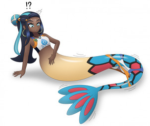 blue_eyes bottomwear clothing female gym_leader mid_transformation navel simple_background solo split_form torn_bottomwear torn_clothing transformation joyvell nintendo pokemon nessa_(pokemon) generation_3_pokemon human mammal marine merfolk milotic pokemon_(species) hi_res