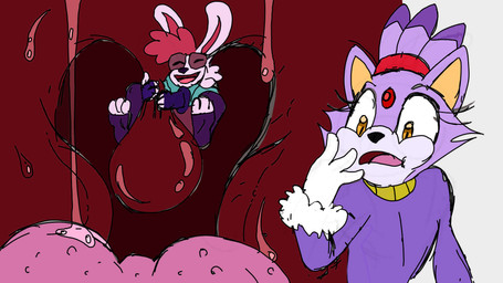 anthro bodily_fluids clothing drooling eyelashes female fur gem gloves hair handwear hugging_uvula inside_mouth internal macro male male/female mawplay micro mouth_shot multicolored_hair open_mouth purple_body purple_clothing purple_fur purple_hair red_forehead_gem red_hair red_hair_tie saliva soft_vore taste_buds throat tongue uvula uvula_grab uvula_play vore white_clothing white_gloves white_handwear feedfancier sega sonic_the_hedgehog_(series) blaze_the_cat fan_character domestic_cat felid feline felis lagomorph leporid mammal rabbit 16:9 colored_sketch hi_res sketch widescreen