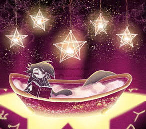 anthro bath bathing bathtub book claw_foot_bathtub constellation female holding_head holding_object nude relaxing solo star cuttoncandyhair hellaverse helluva_boss octavia_(helluva_boss) avian bird demon owl hi_res