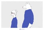 anthro blue_clothing blue_dress blue_dress_shirt clothing dress duo female fur hair male side_view tongue tongue_out white_body white_fur white_hair shikayoshi sub20211115 canid canine canis human mammal wolf 2022 absurd_res hi_res