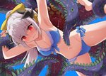 big_breasts blush bodily_fluids breasts cleavage clothed clothing exposure_variation female hair horn imminent_rape imminent_tentacle_rape long_hair navel not_furry red_eyes restrained suspension sweat sweatdrop swimwear tentacles white_hair marugoshi_(54burger) fate_(series) type-moon lancer_kiyohime horned_humanoid human humanoid mammal hi_res