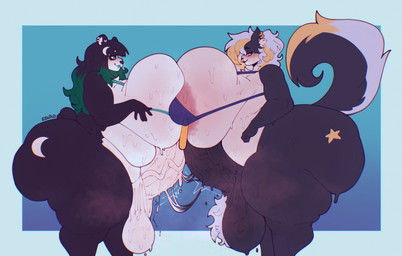 anthro balls belly big_balls big_breasts big_butt big_penis bodily_fluids body_hair bra breasts butt butt_markings clothing duo ear_piercing ear_ring genitals hairy_balls huge_balls huge_breasts huge_butt huge_penis hyper hyper_breasts hyper_genitalia hyper_penis intersex intersex/intersex markings penis piercing ring_piercing slightly_chubby sweat underwear vein veiny_penis eldiipiid bear canid canine canis giant_panda mammal wolf hi_res