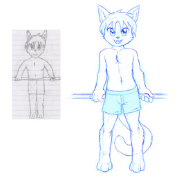 anthro art_comparison bottomwear clothing comparison looking_at_viewer male shorts simple_background solo tail version_comparison white_background young young_anthro young_male loki_(artist) third-party_edit domestic_cat felid feline felis mammal hi_res line_art monochrome sketch