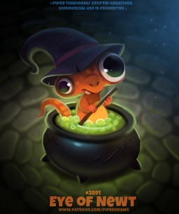 ambiguous_gender black_eyes bloodshot_eyes cauldron clothing feral hat headgear headwear humor magic_user orange_body pun solo tan_body text visual_pun witch witch_hat piper_thibodeau amphibian newt salamander digital_media_(artwork) digital_painting_(artwork) english_text painting_(artwork) url