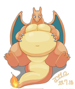 3_fingers 3_toes anthro belly big_belly biped bodily_fluids feet fingers male musclegut muscular navel nude obese overweight overweight_male pecs simple_background solo sweat sweatdrop thick_thighs toes wide_hips j1110_tanuki nintendo pokemon charizard generation_1_pokemon pokemon_(species) 2023 digital_media_(artwork) hi_res