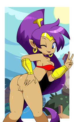 anus bandeau blep blue_eyes bottomless bracelet breasts butt butt_grab butt_squish choker circlet cleavage clothed clothing day detailed_background ear_piercing ear_ring female genitals gesture glistening glistening_body glistening_skin gold_(metal) gold_bracelet gold_ear_ring gold_jewelry hair hand_gesture hand_on_butt humanoid_pointy_ears innie_vulva jewelry long_hair looking_at_viewer looking_back looking_back_at_viewer medium_breasts necklace nipple_outline not_furry one_eye_closed outside palm_tree piercing plant pointy_ears ponytail presenting presenting_anus presenting_hindquarters purple_hair ring_piercing seductive sky smile smiling_at_viewer solo spread_butt spreading squish standing style_emulation tan_body tan_skin thick_thighs tongue tongue_out topwear tree v_sign vulva water wink winking_at_viewer tenshigarden shantae_(series) wayforward shantae genie humanoid 2020 absurd_res digital_media_(artwork) hi_res portrait three-quarter_portrait