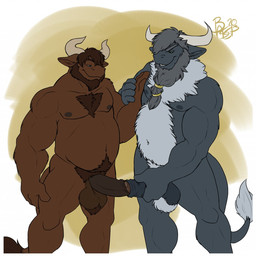 anthro anthro_on_anthro balls beard biceps big_penis chest_tuft docking duo erection facial_hair foreskin fur genitals hairy hand_on_chest horn humanoid_genitalia humanoid_penis male male/male musclegut muscular nipples nude pecs penetration penile penis pubes retracted_foreskin sex slightly_chubby standing tuft bass_(artist) european_mythology greek_mythology mythology brewanblackhorn rockblackhorn bovid bovine mammal minotaur 2013 hi_res