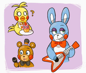 anthro beak bib blue_body bow_tie brown_body cupcake electric_guitar electronics eyelashes eyeshadow female femboy food green_eyes guitar half-closed_eyes machine makeup male microphone musical_instrument narrowed_eyes plucked_string_instrument red_cheeks smile string_instrument tongue tongue_out white_inner_ear yellow_body 41whnk5sszfyisl five_nights_at_freddy's five_nights_at_freddy's_2 scottgames toy_bonnie_(fnaf) toy_chica_(fnaf) toy_freddy_(fnaf) animatronic avian bird chicken galliform lagomorph leporid mammal phasianid rabbit robot