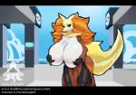 anthro anthrofied big_breasts biped black_bars breasts chest_tuft cleavage clothed clothing cloud eyebrows female hair hand_on_breast huge_breasts hyper inner_ear_fluff looking_at_viewer nude orange_hair outside pokemorph purple_eyes sea smile solo standing text thick_thighs tuft water wide_hips cephei nintendo pokemon crescera canid canine delphox generation_6_pokemon mammal pokemon_(species) letterbox url