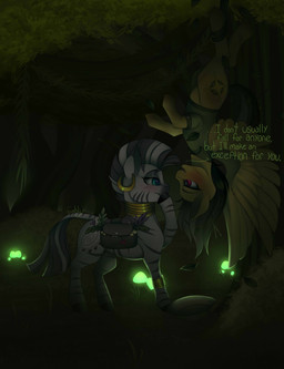 armor blush dark detailed_background duo eye_contact feathered_wings feathers female feral forest headgear helmet light looking_at_another pith_helmet plant tree wings evehly friendship_is_magic hasbro my_little_pony mythology daring_do_(mlp) zecora_(mlp) equid equine mammal mythological_creature mythological_equine pegasus zebra 2016 absurd_res digital_media_(artwork) hi_res lighting