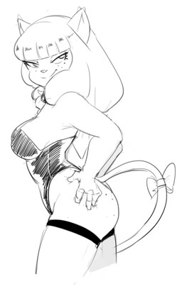 accessory anthro bow_(feature) bow_accessory bow_ribbon breasts butt butt_pose clothing eyelashes female furgonomics hair legwear pose ribbons smile solo stockings tail tail_accessory tail_bow tail_ribbon dbaru ankama dofus wakfu miranda_(wakfu) domestic_cat ecaflip felid feline felis mammal black_and_white monochrome
