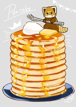 biped black_nose brown_body brown_fur chibi dot_eyes feral food fur honey_(food) kemono micro pancake simple_eyes solo shi_nominmin ailurid mammal red_panda 2021 hi_res