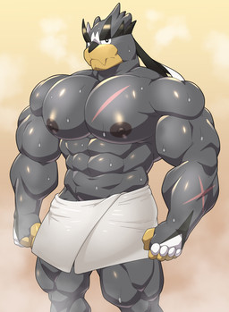 abs anthro arm_scar barazoku big_muscles big_nipples big_pecs black_nose bodily_fluids chest_scar clothed clothing cloud looking_at_viewer male muscular muscular_anthro muscular_male navel nipples pec_scar pecs scar simple_background snout solo steam sweat three-quarter_view topless topless_anthro topless_male towel towel_around_waist towel_only white_towel yellow_snout maldu nintendo pokemon generation_8_pokemon legendary_pokemon pokemon_(species) single_strike_style_urshifu urshifu absurd_res hi_res portrait three-quarter_portrait