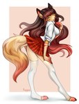 anime_style anthro bottomwear brown_hair clothing dominant dominant_female female fluffy fluffy_ears footwear fur hair knee_highs knee_socks legwear long_hair orange_body orange_fur paws red_eyes school_uniform skirt socks solo stockings uniform rogbiejoke canid canine fox mammal digital_media_(artwork) hi_res