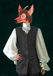 anthro brown_hair ear_markings eye_markings facial_hair fancy_clothing fur goatee hair hand_on_hip horn male markings orange_body orange_fur red_body red_fur solo standing kitsudai the_crown_of_leaves etilou_(devildjmachine) sahash hi_res portrait