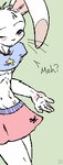 anthro blue_eyes blush bottomwear clothed clothing crossdressing femboy fur half-shirt looking_at_viewer male midriff nipples one_eye_closed skirt solo white_body white_fur sneakerfox lagomorph leporid mammal rabbit digital_media_(artwork) low_res oekaki