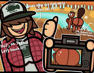 breasts brown_body brown_fur brown_tail butt camera clothing duo female feral flannel_shirt fur hat headgear headwear photo river tail conditional_dnp mykendyke beaver human mammal rodent absurd_res hi_res