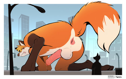 anthro anus balls bodily_fluids brown_body brown_fur butt city duo erection extreme_size_difference foreskin fur genital_fluids genitals humanoid_genitalia humanoid_penis looking_back macro male nude orange_body orange_fur outside paws penis precum public public_nudity size_difference smile tan_body tan_fur tongue tongue_out twang canid canine fox mammal 2025 hi_res