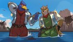 aircraft airplane anthro blue_body bulge city clothing destruction duo macro male orange_body sea ship vehicle water watercraft rygel_spkb nintendo star_fox falco_lombardi fox_mccloud avian bird canid canine fox mammal 2023 digital_media_(artwork) hi_res