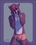 anthro big_bulge blush boxer_briefs bulge clothed clothing fur male navel one_eye_closed pecs shy simple_background solo topless underwear yellow_eyes feralise adrian_(firewolf) canid canine canis mammal wolf digital_media_(artwork)