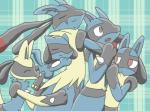 ambiguous_gender anthro black_body black_fur blue_body blue_fur fur glomp group pattern_background red_eyes simple_background smile yellow_body yellow_fur sikai nintendo pokemon generation_4_pokemon lucario pokemon_(species) riolu shiny_pokemon