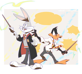anthro clothing duo fur grey_body grey_fur gryffindor male necktie open_mouth school_uniform shirt topwear uniform white_clothing white_shirt white_topwear popcublove harry_potter_(series) looney_tunes warner_brothers bugs_bunny daffy_duck anatid anseriform avian bird duck lagomorph leporid mammal rabbit