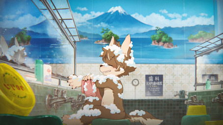 anthro eyes_closed foam grin japan kemono male nude sento sitting smile soap solo towel washing_self young young_anthro young_male nishiko24 ookami_(nishiko24) canid canine canis mammal wolf 2024 hi_res japanese_description