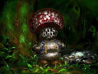 ambiguous_gender clothing detailed_background forest fungus looking_at_viewer mushroom nature nightmare_fuel not_furry outside plant realistic solo topwear tree vest wood unknown_artist mario_bros nintendo elemental_creature fungi_fauna toad_(mario) 4:3 low_res source_request