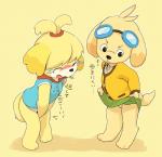 anthro big_head blush bodily_fluids bottomless clothed clothing crossdressing duo embarrassed eyes_closed eyewear goggles knock-kneed male open_mouth standing tears text toony manmosu_marimo animal_crossing nintendo wan_wan_celeb_soreyuke!_tetsunoshin isabelle_(animal_crossing) tetsunoshin canid canine canis domestic_dog mammal poodle shih_tzu toy_dog toy_poodle 2013 crossover digital_media_(artwork) japanese_text