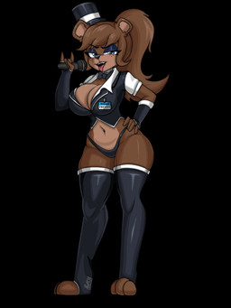anthro armwear big_breasts black_background black_nose blue_eyes bow_tie breasts brown_body brown_fur brown_hair cleavage clothed clothing crossgender devil_horns_(gesture) elbow_gloves electronics eyebrows eyelashes eyeshadow female fingerless_gloves freckled_face freckles fur gesture gloves hair hand_gesture hand_on_hip handwear hat headgear headwear holding_microphone holding_object legwear long_hair looking_at_viewer makeup microphone midriff multicolored_body multicolored_fur navel open_mouth ponytail purple_eyeshadow shirt simple_background solo tan_body tan_fur teeth thigh_highs thong tongue tongue_out top_hat topwear two_tone_body two_tone_fur underwear theorangepumpkin five_nights_at_freddy's fredina's_nightclub scottgames freddy_(fnaf) frenni_(cryptiacurves) bear mammal 2025 hi_res