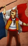 anthro bottomwear clothed clothing flag france french french_flag french_revolution fur gun male multicolored_body multicolored_fur music open_mouth pants pointy_ears prick_ears ranged_weapon rococo_clothing shirt solo tan_body tan_fur teeth topwear weapon paper-wings raidy_and_dobe dobe canid canine canis dobermann domestic_dog mammal pinscher 2013 hi_res