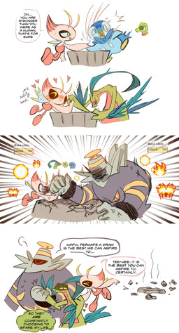 antennae_(anatomy) anthro arm_wrestling blush blush_lines bodily_fluids cracks cross-popping_vein dialogue explosion eyes_closed female fire green_eyes group hand_holding heart_symbol male open_mouth pink_body shadow_on_face sigh stats surprised sweat sweatdrop text thought_bubble tongue tongue_out scribzag nintendo pokemon pokemon_mystery_dungeon spike_chunsoft dusknoir_(eotds) grovyle_the_thief shiny_celebi_(eotds) dusknoir generation_3_pokemon generation_4_pokemon grovyle pokemon_(species) shiny_pokemon 2025 absurd_res comic digital_media_(artwork) english_text hi_res