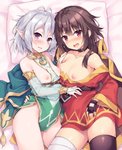 blush breasts brown_hair clothing duo female grey_hair hair humanoid_pointy_ears looking_at_viewer nipples not_furry open_mouth pink_eyes pointy_ears red_eyes short_hair simple_background small_breasts akizora_momiji cygames konosuba:_god's_blessing_on_this_wonderful_world! princess_connect! princess_connect!_re:dive kokkoro_(princess_connect!) megumin_(konosuba) elf human humanoid mammal 2020 hi_res