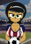 accessory anthro ball bangs big_breasts breasts chivas cleavage clothed clothing emblem female female_anthro green_eyes guadalajara hair_accessory hairband jersey looking_at_viewer soccer_ball soccer_field soccer_jersey soccer_uniform solo sportswear stadium tight_clothing uniform a-fitzga club_deportivo_guadalajara liga_mx nickelodeon t.u.f.f._puppy kitty_katswell domestic_cat felid feline felis mammal absurd_res hi_res