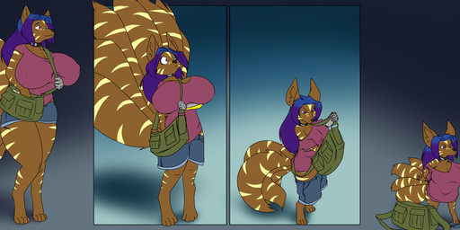 annoyed anthro barefoot base_one_layout basic_sequence big_breasts blue_hair bottomwear breasts brown_body clothing collar digitigrade feet female four_frame_image four_frame_sequence hair huge_breasts linear_sequence multi_tail nipple_outline one_row_layout prosthetic prosthetic_arm prosthetic_limb short_stackification shorts shortstack shrinking size_transformation solo standing tail transformation transformation_sequence wide_hips halcy0n mythril_blackpaw canid mammal 2021 hi_res sequence