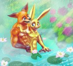 abs anthro bathing duo flower lily_pad male male/male muscular muscular_male navel nude partially_submerged plant size_difference smile water supersempai64 canid canine fox lagomorph leporid mammal rabbit hi_res