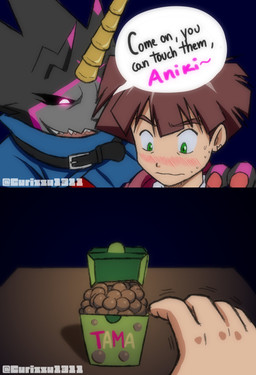 anthro black_body black_sclera blush brown_hair candy cape chocolate chocolate_balls claws clothing dessert duo food green_eyes hair horn humor male curizzu_1311 bandai_namco digimon digimon_ghost_game hiro_amanokawa digimon_(species) gulusgammamon human mammal hi_res