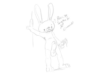 alcohol anthro armpit_hair balls beverage blush bodily_fluids body_hair dialogue drunk erection genital_fluids genitals leaking_precum male penis precum solo substance_intoxication twerpishimp sam_and_max max_(sam_and_max) lagomorph leporid mammal rabbit absurd_res hi_res monochrome
