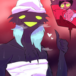 amputee bedding blanket blue_body bodily_fluids broken_horn bulge detailed_bulge disability erection_under_blanket fluffy fluffy_chest genital_fluids genital_outline gesture hand_gesture heart_symbol horn male missing_all_arms missing_arm penis_outline pillow red_body simple_background smile sweat tenting thumbs_up towel towel_on_head towel_only towel_wrap wet leponsart hellaverse helluva_boss asmodeus_(helluva_boss) fizzarolli_(helluva_boss) demon imp 1:1 hi_res