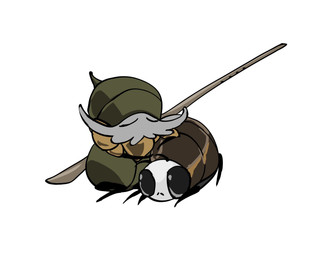 ambiguous_gender anthro big_eyes brown_body duo eyes_closed feral green_body male simple_background sleeping sleeping_on_another sleeping_together weapon white_background boopie hollow_knight:_silksong hollow_knight_(franchise) team_cherry garmond_(hollow_knight:_silksong) zaza_(hollow_knight:_silksong) arthropod insect hi_res