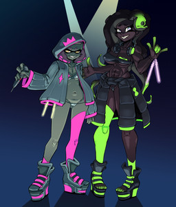 5_fingers 5_toes areola athletic athletic_female athletic_humanoid bandeau breasts brown_hair camel_toe cleavage clothed clothing dark dark_body dark_skin devil_horns_(gesture) duo electronics eyelashes facial_markings feet female fingers footwear g-string gesture glowing green_eyes green_hair hair hand_gesture head_markings headphones headphones_around_neck holding_object hood hoodie larger_female larger_humanoid legwear long_hair looking_aside markings mask_(marking) microphone midriff mole_(marking) navel nipple_outline one_breast_out pasties pink_hair pseudo_hair pupils sharp_teeth shoes size_difference skimpy small_breasts smaller_female smaller_humanoid smile standing stockings suction_cup teeth tentacle_hair tentacles thigh_highs thong toeless_footwear toeless_legwear toes topwear under_boob underwear unusual_pupils yellow_eyes box_chan nintendo splatoon marina_(splatoon) off_the_hook_(splatoon) pearl_(splatoon) animal_humanoid aquatic aquatic_humanoid cephalopod cephalopod_humanoid humanoid inkling mollusk mollusk_humanoid octarian octoling 2021 full-length_portrait hi_res portrait