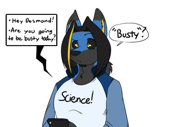 anthro black_sclera blue_body blue_fur clothing dialogue fur male shirt simple_background solo text text_on_clothing text_on_shirt text_on_topwear topwear white_background yellow_eyes robertge desmond_fallout canid canine fox mammal 2015 digital_media_(artwork) english_text
